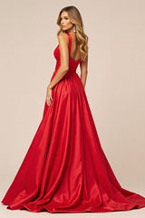 Rotes A-Linie Spaghettiträger Ballkleid mit Schlitz