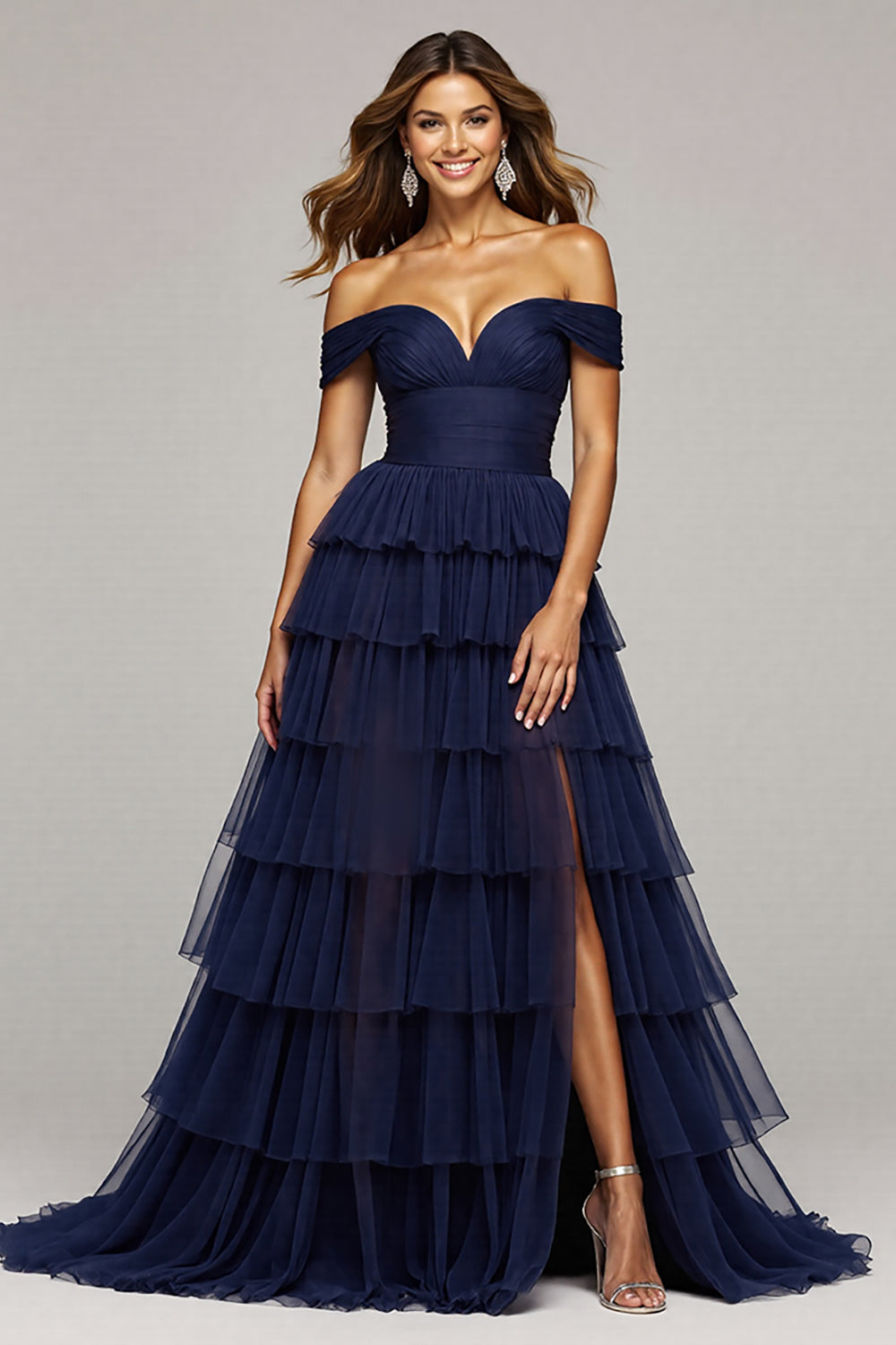 Marineblaues Schulterfreies Gestuftes Langes Ballkleid mit Schlitz