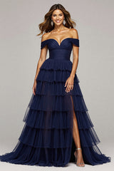 Marineblaues Schulterfreies Gestuftes Langes Ballkleid mit Schlitz