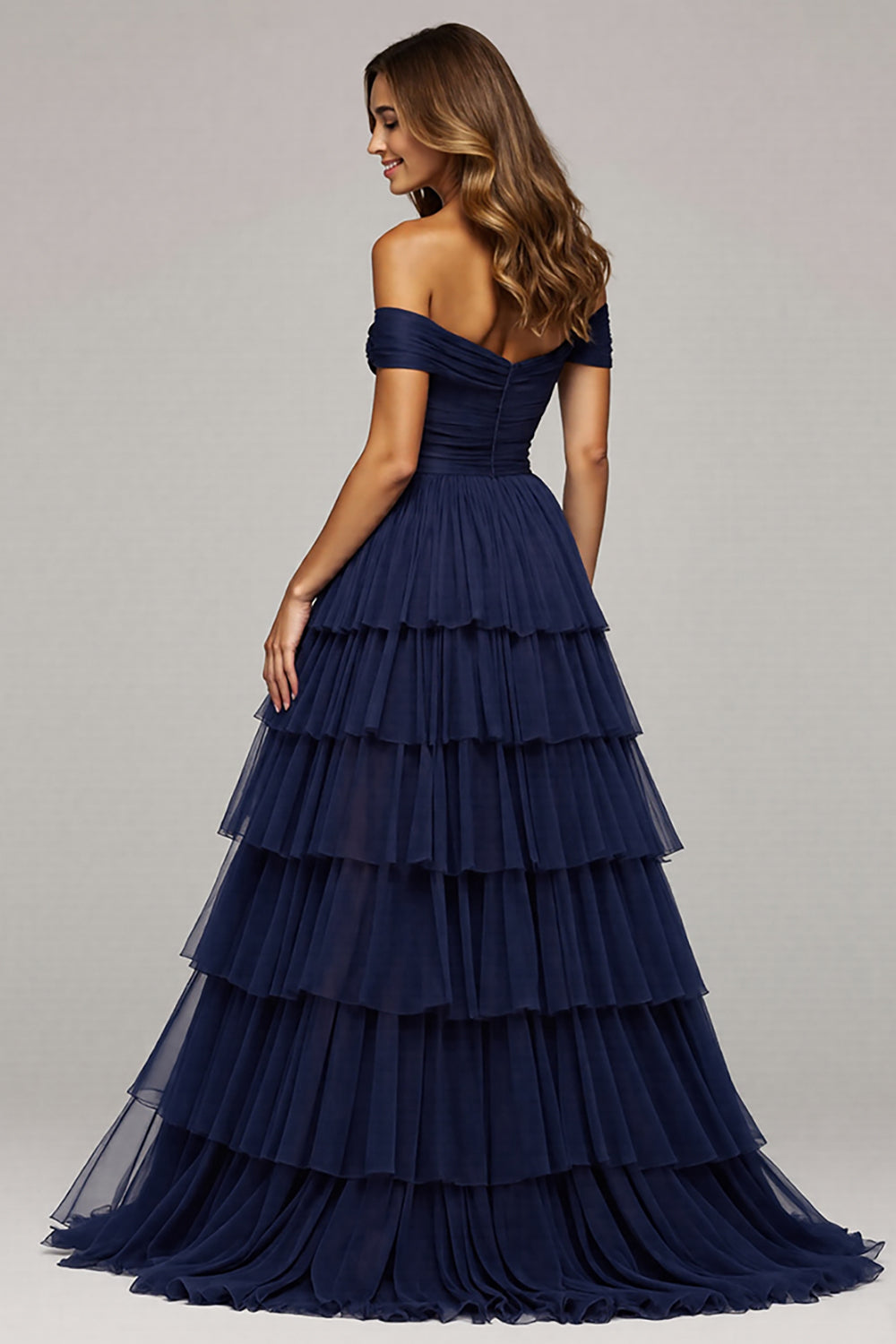 Marineblaues Schulterfreies Gestuftes Langes Ballkleid mit Schlitz