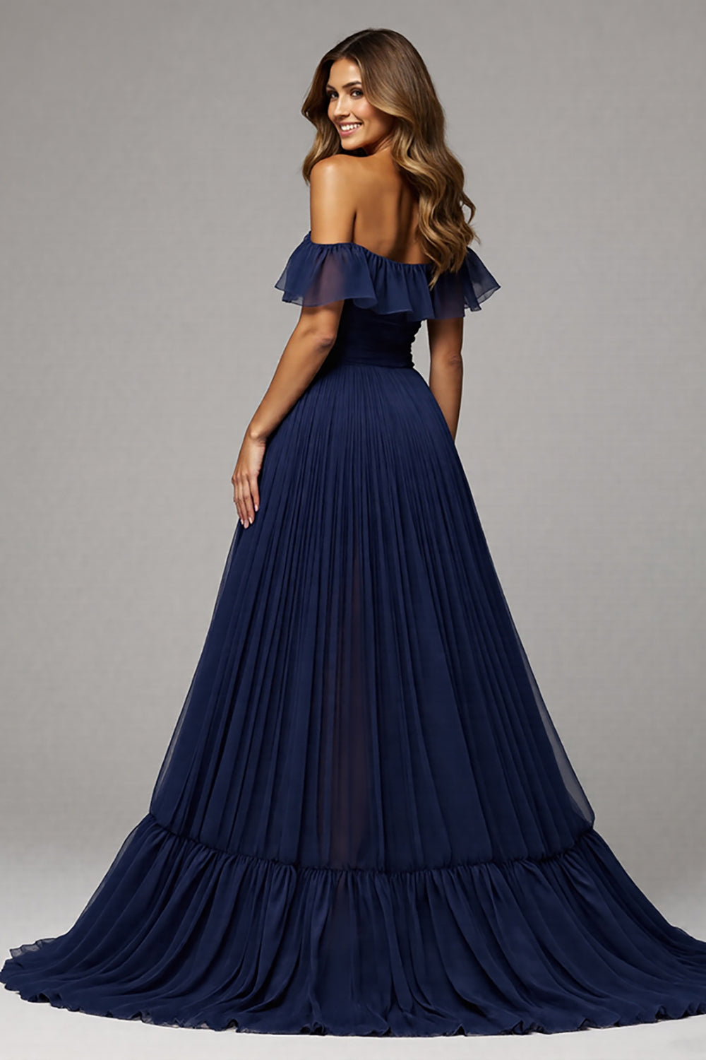 Schulterfreies A Linie Langes Marineblaues Ballkleid mit Schlitz
