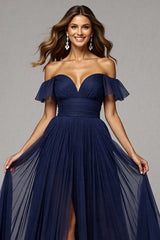 Schulterfreies A Linie Langes Marineblaues Ballkleid mit Schlitz