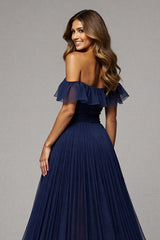 Schulterfreies A Linie Langes Marineblaues Ballkleid mit Schlitz