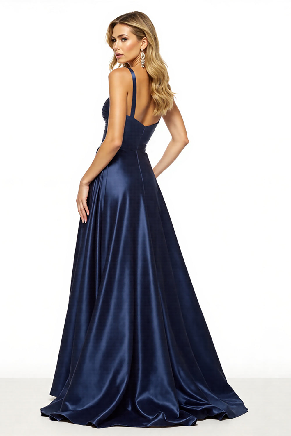 Marineblaues A-Linie Ballkleid mit Spaghettiträgern und Schlitz