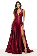 Burgundy A-Linie Ballkleid mit V-Ausschnitt und Schlitz