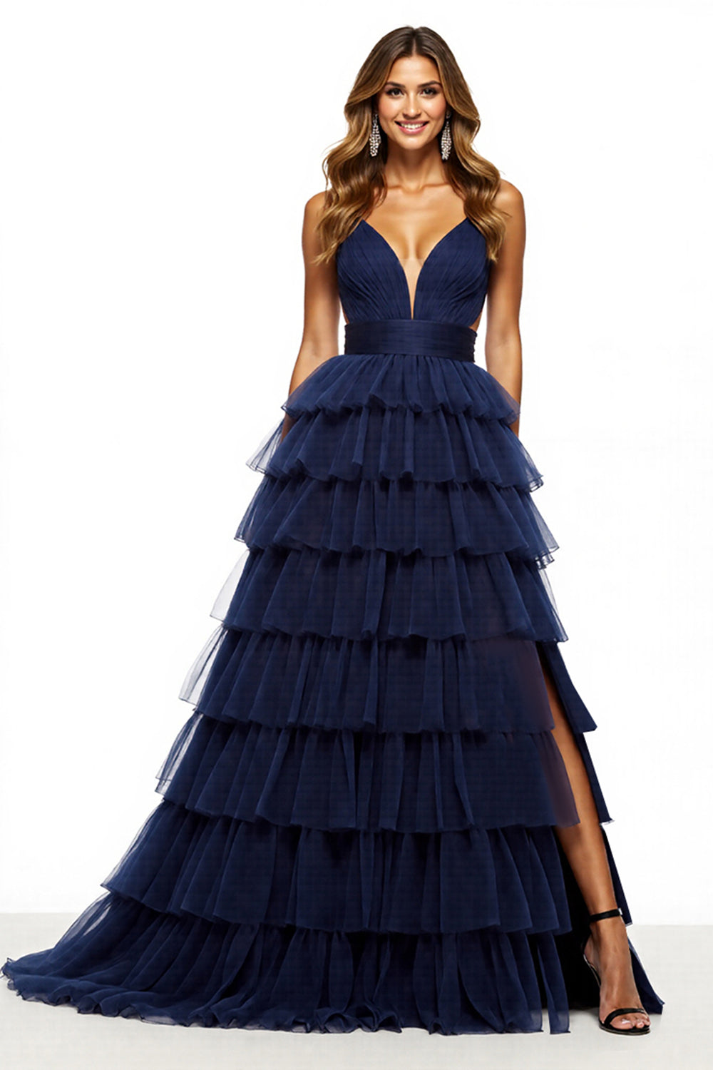 A Linie Marineblaues Gestuftes Ballkleid aus Tüll mit Schlitz