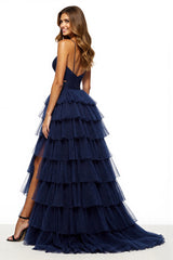 A Linie Marineblaues Gestuftes Ballkleid aus Tüll mit Schlitz