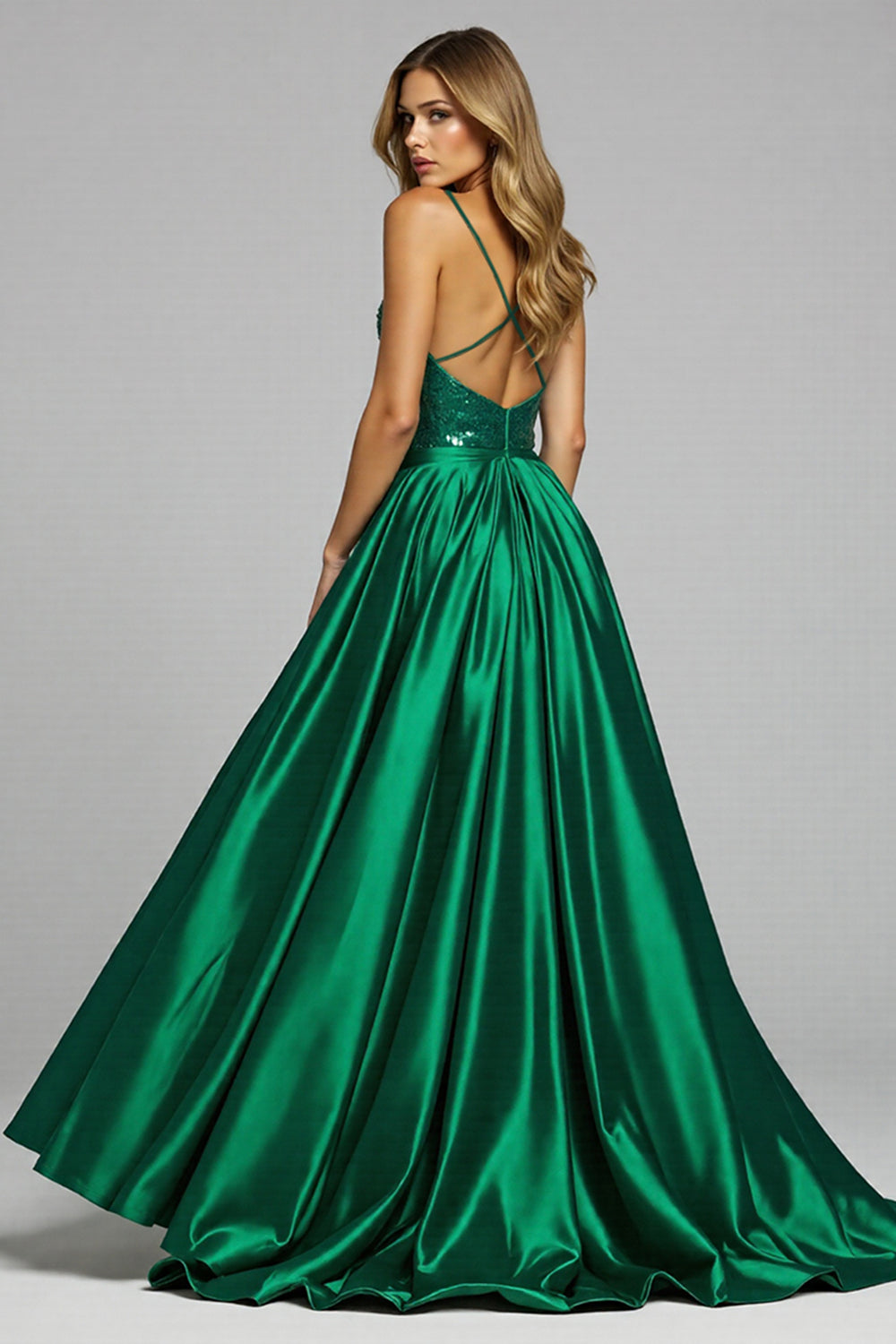A-Linie Pailletten Langes Ballkleid mit V-Ausschnitt und Schlitz