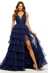 Marineblaues Gestuftes Langes Ballkleid mit V-Ausschnitt und Schlitz