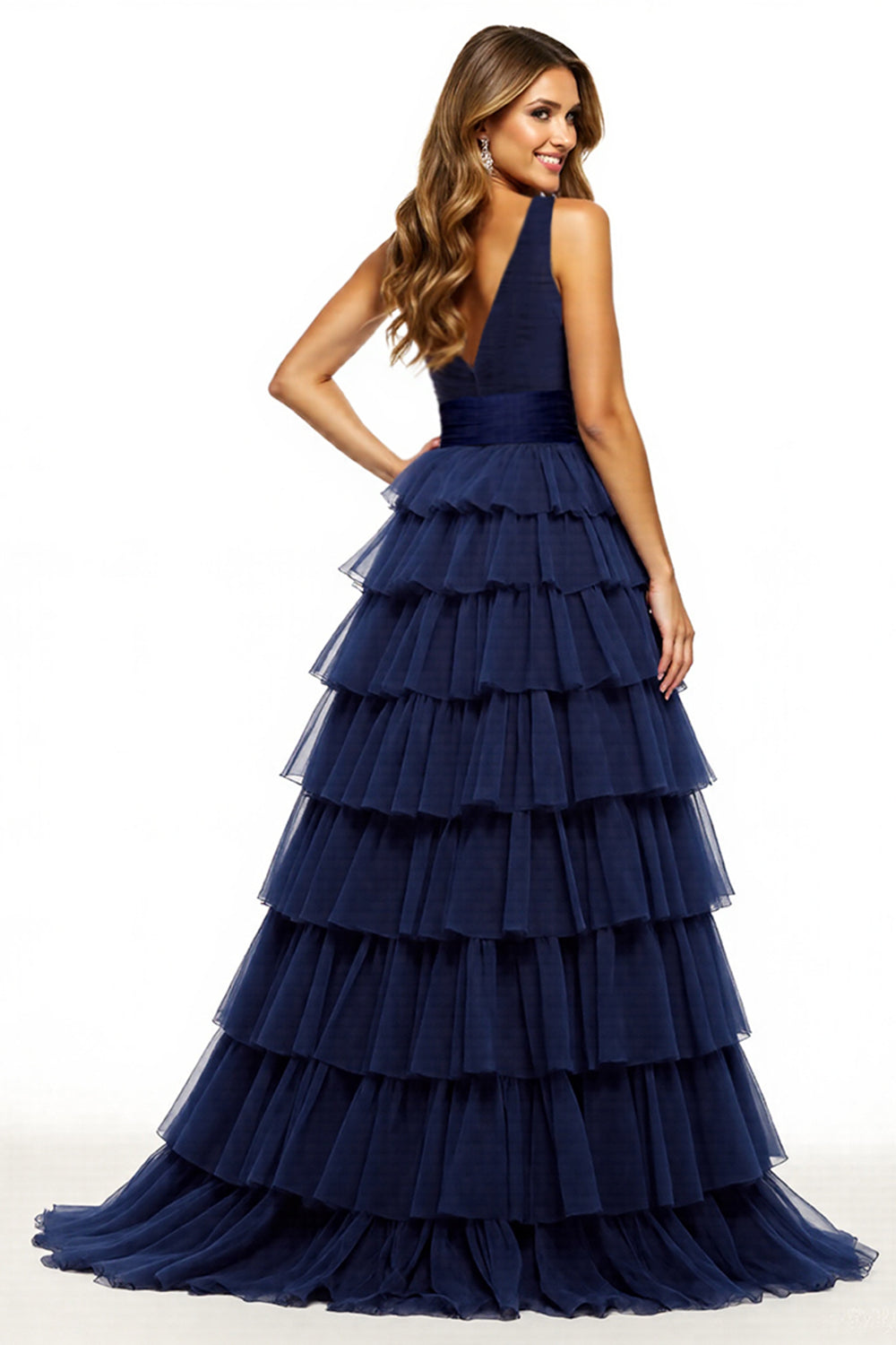 Marineblaues Gestuftes Langes Ballkleid mit V-Ausschnitt und Schlitz