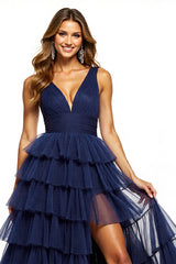 Marineblaues Gestuftes Langes Ballkleid mit V-Ausschnitt und Schlitz