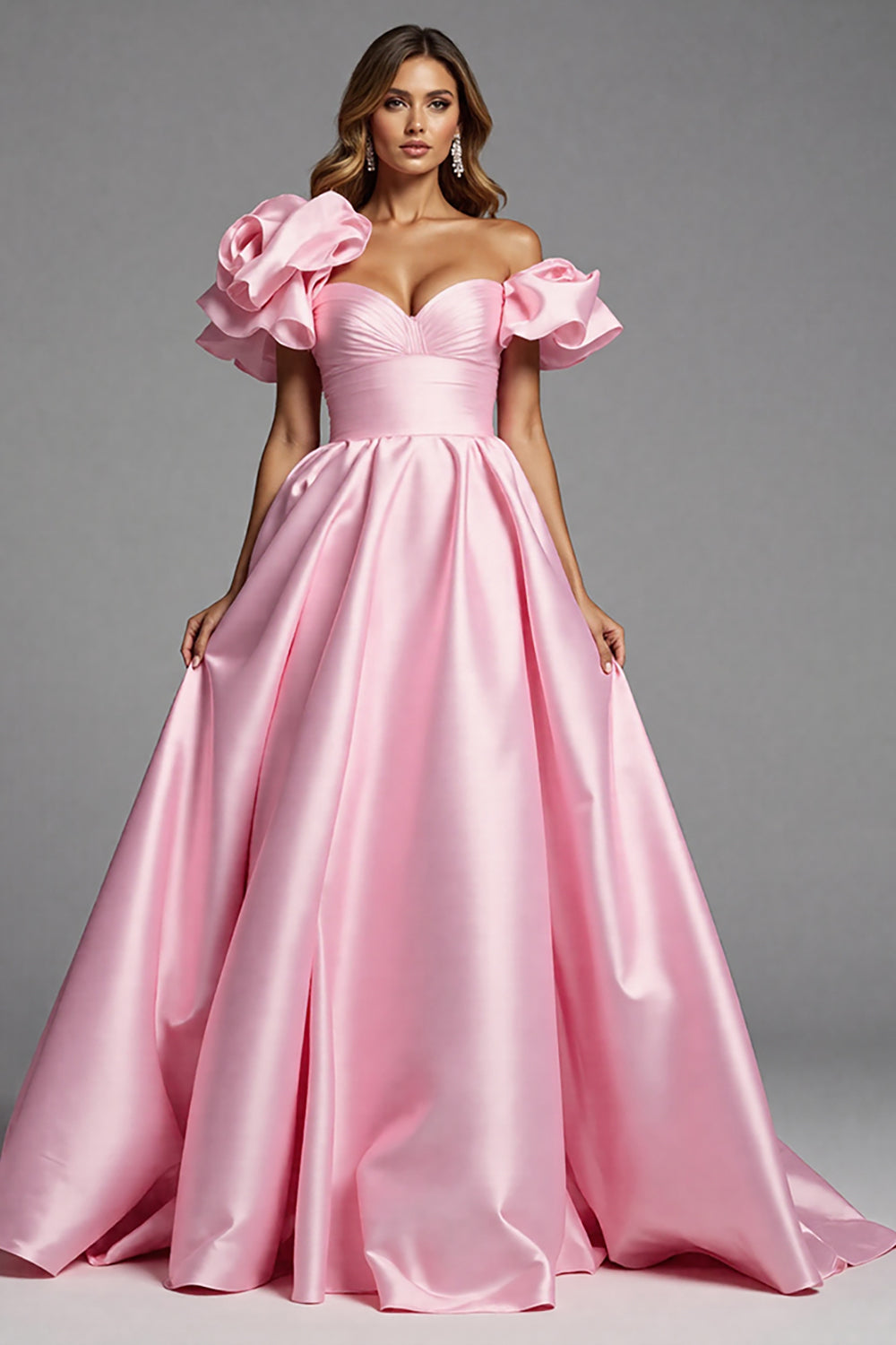 Rosa Herzausschnitt Gekräuseltes Ballkleid mit 3D-Blume