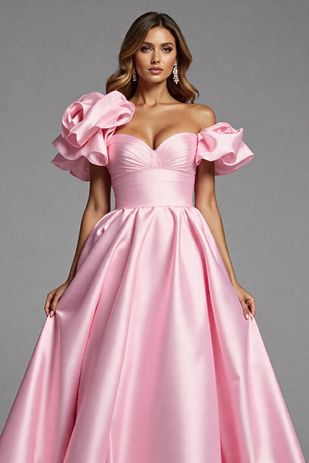 Rosa Herzausschnitt Gekräuseltes Ballkleid mit 3D-Blume