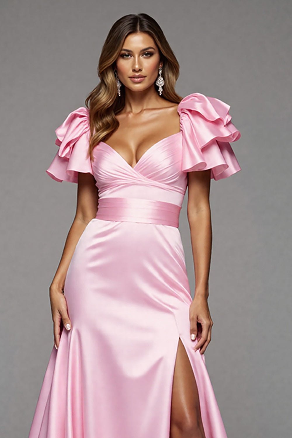 A-Linie Langes Ballkleid mit Rüschenärmeln und Schlitz