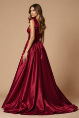 Ein Schulter Burgundy A-Linie Langes Ballkleid mit Schlitz