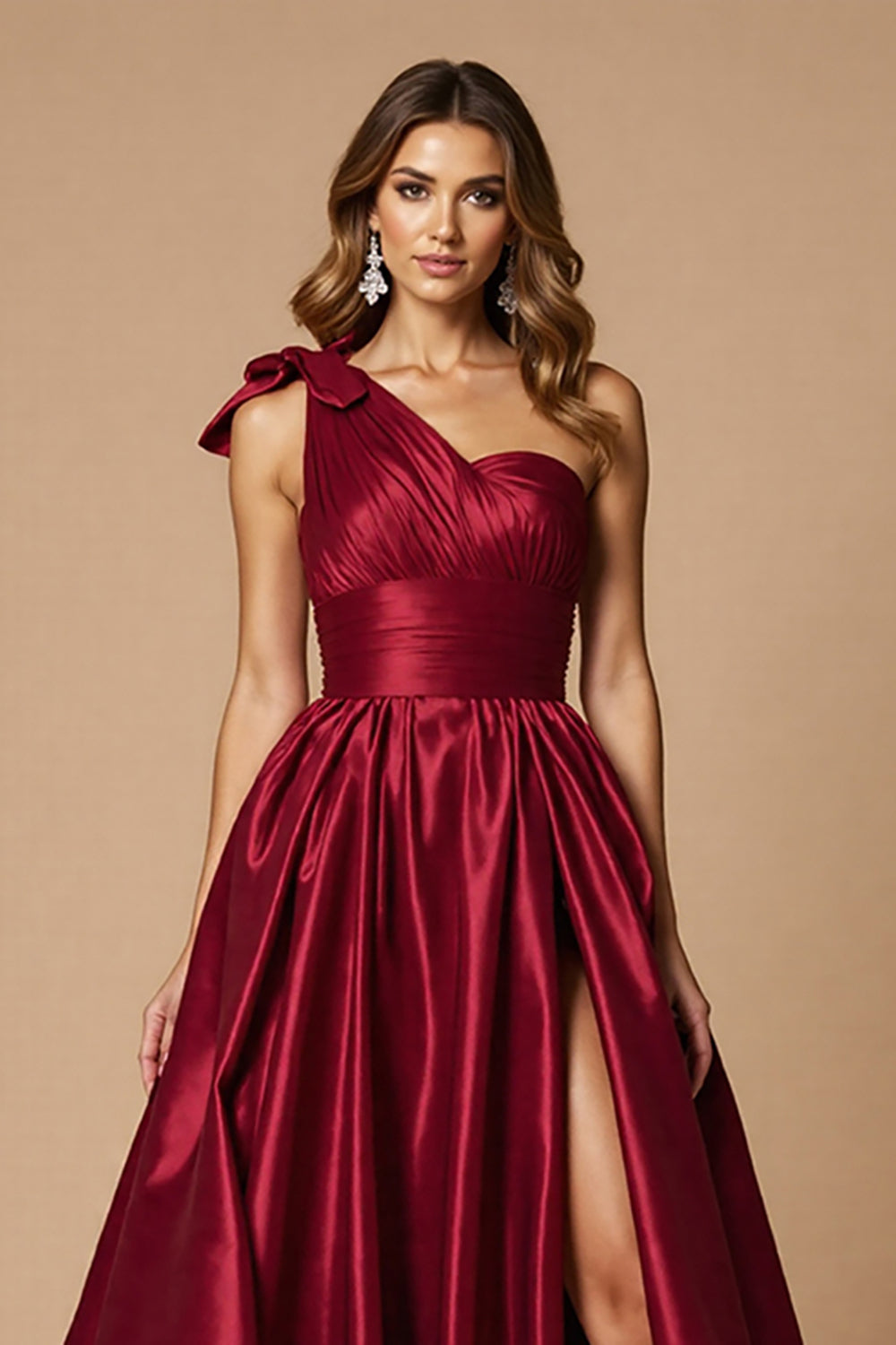 Ein Schulter Burgundy A-Linie Langes Ballkleid mit Schlitz