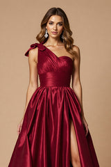 Ein Schulter Burgundy A-Linie Langes Ballkleid mit Schlitz