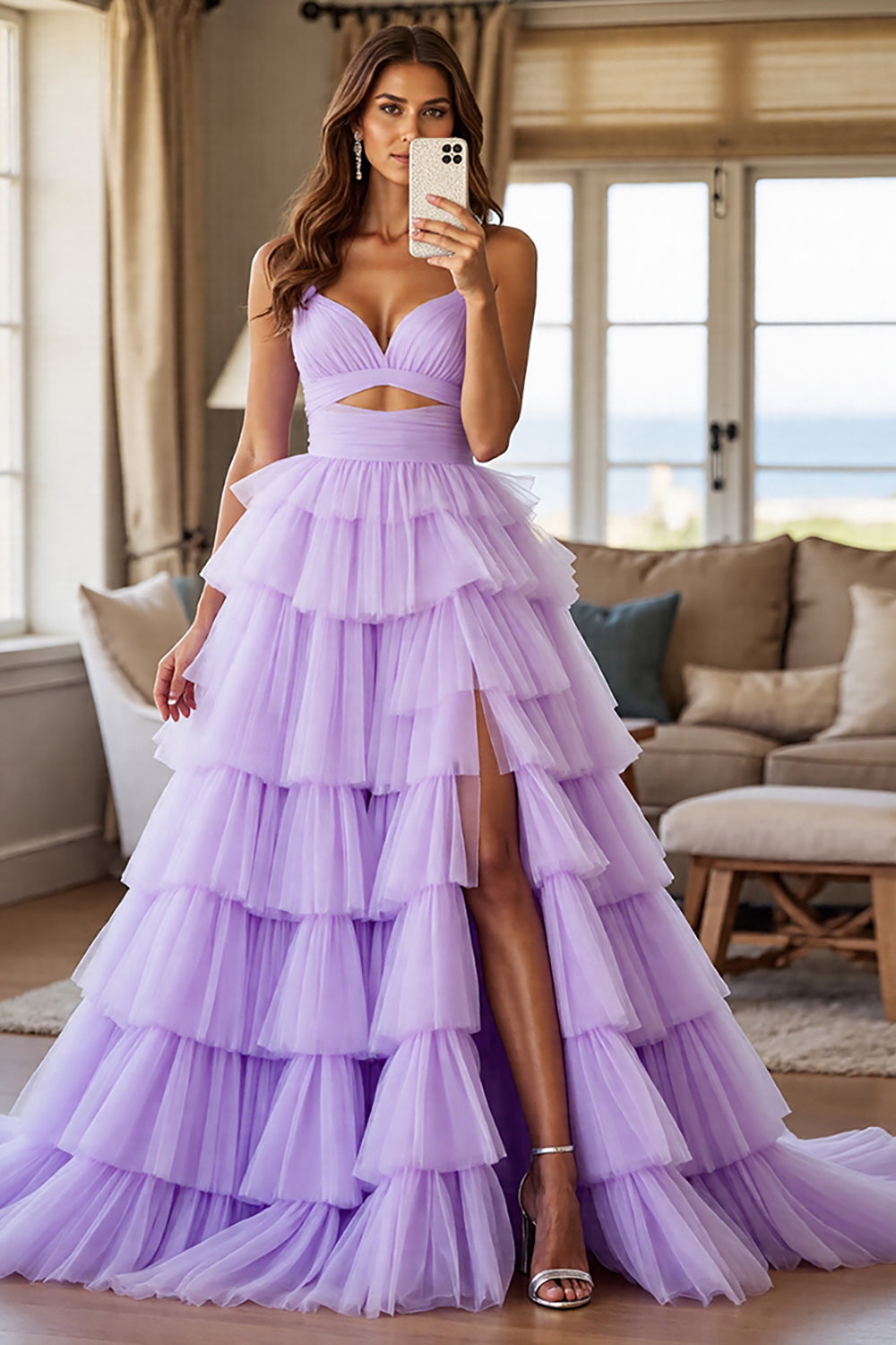 Lila A Linie Gestuftes Ballkleid aus Tüll mit Schlitz