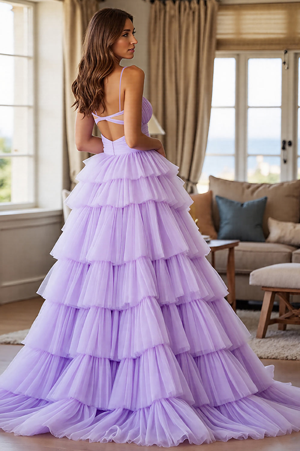 Lila A Linie Gestuftes Ballkleid aus Tüll mit Schlitz
