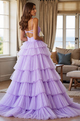Lila A Linie Gestuftes Ballkleid aus Tüll mit Schlitz