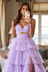 Lila A Linie Gestuftes Ballkleid aus Tüll mit Schlitz