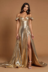 Goldenes Schulterfreies A-Linie Ballkleid mit Schlitz