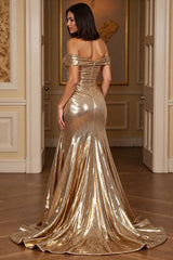 Goldenes A-Linie Metallic Langes Ballkleid mit Schlitz