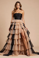 Schwarzes und Rosa A-Linie Ballkleid aus Tüll mit Schlitz