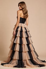 Schwarzes und Rosa A-Linie Ballkleid aus Tüll mit Schlitz