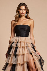 Schwarzes und Rosa A-Linie Ballkleid aus Tüll mit Schlitz