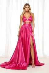 Fuchsia Satin A-Linie Langes Ballkleid mit Schlitz