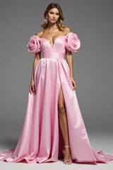 Rosa Langes A-Linie Ballkleid aus Satin mit Blumenmuster und Schlitz