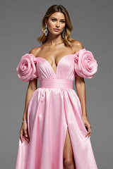 Rosa Langes A-Linie Ballkleid aus Satin mit Blumenmuster und Schlitz