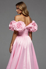 Rosa Langes A-Linie Ballkleid aus Satin mit Blumenmuster und Schlitz