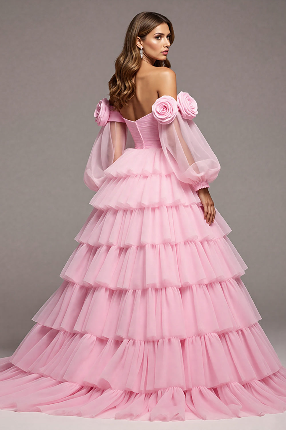 Rosa Langes Ballkleid aus Tüll mit Blumenmuster und Rüschen
