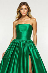 Dunkelgrünes A-Linie Satin Ballkleid mit Schlitz