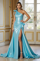 Blaues Satin Meerjungfrauen Ballkleid mit Schlitz