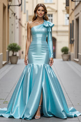Blaues Satin Meerjungfrauen Langes Ballkleid mit Rüschen und Schlitz