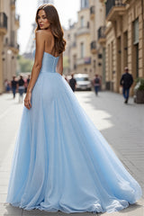 Blaues Einfaches Ballkleid aus Tüll mit Schlitz