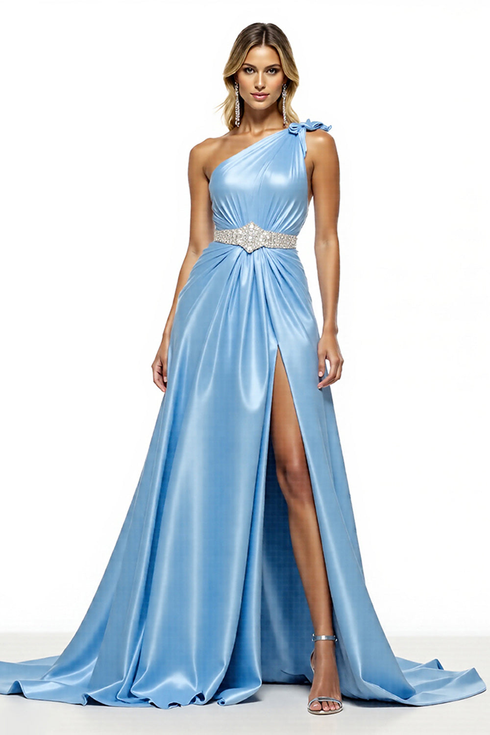 Glitzerndes Blaues Ballkleid aus Satin mit Schlitz