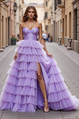 Lila A-Linie Ballkleid aus Tüll mit Rüschen