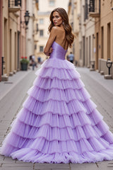 Lila A-Linie Ballkleid aus Tüll mit Rüschen