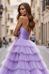 Lila A-Linie Ballkleid aus Tüll mit Rüschen