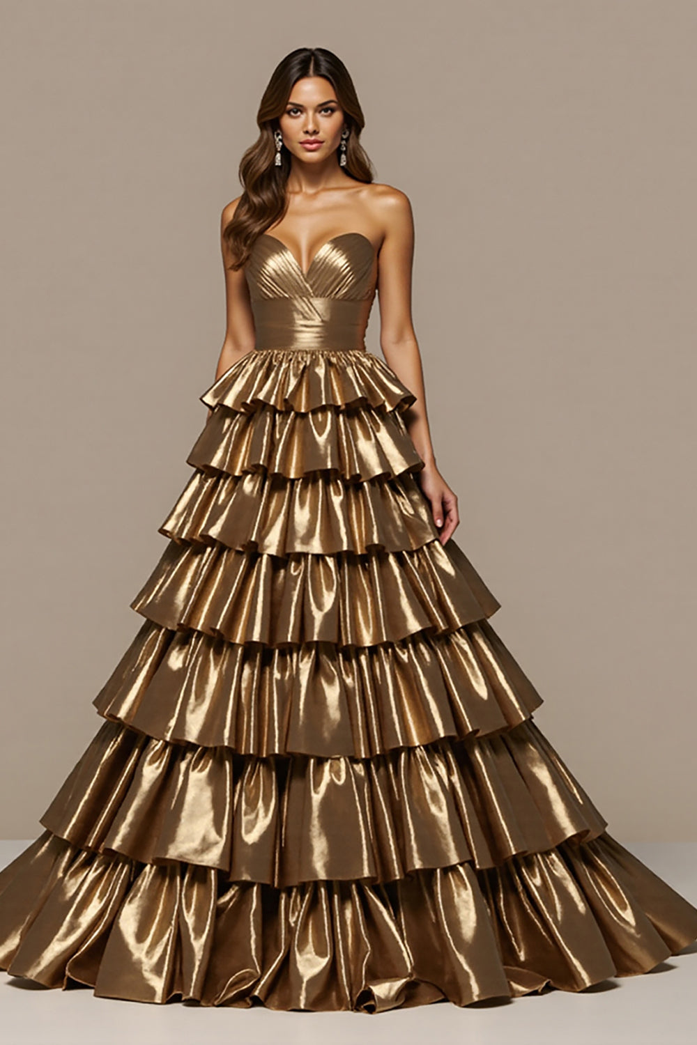 Goldenes Satin A-Linie Ballkleid mit Rüschen