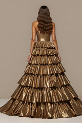 Goldenes Satin A-Linie Ballkleid mit Rüschen