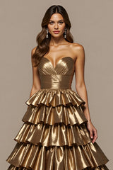 Goldenes Satin A-Linie Ballkleid mit Rüschen