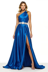 Glitzerndes Königsblaues Satin A-Linie Ballkleid mit Schlitz