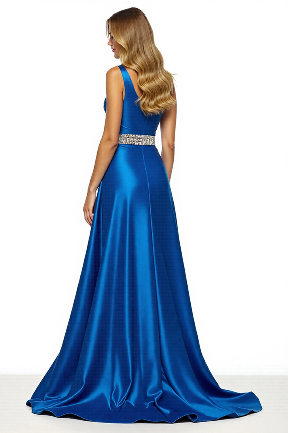 Glitzerndes Königsblaues Satin A-Linie Ballkleid mit Schlitz