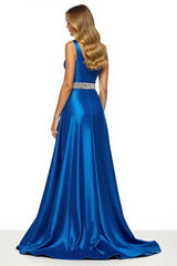 Glitzerndes Königsblaues Satin A-Linie Ballkleid mit Schlitz
