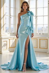 Blaues Ein Schulter Ballkleid aus Satin mit Schlitz